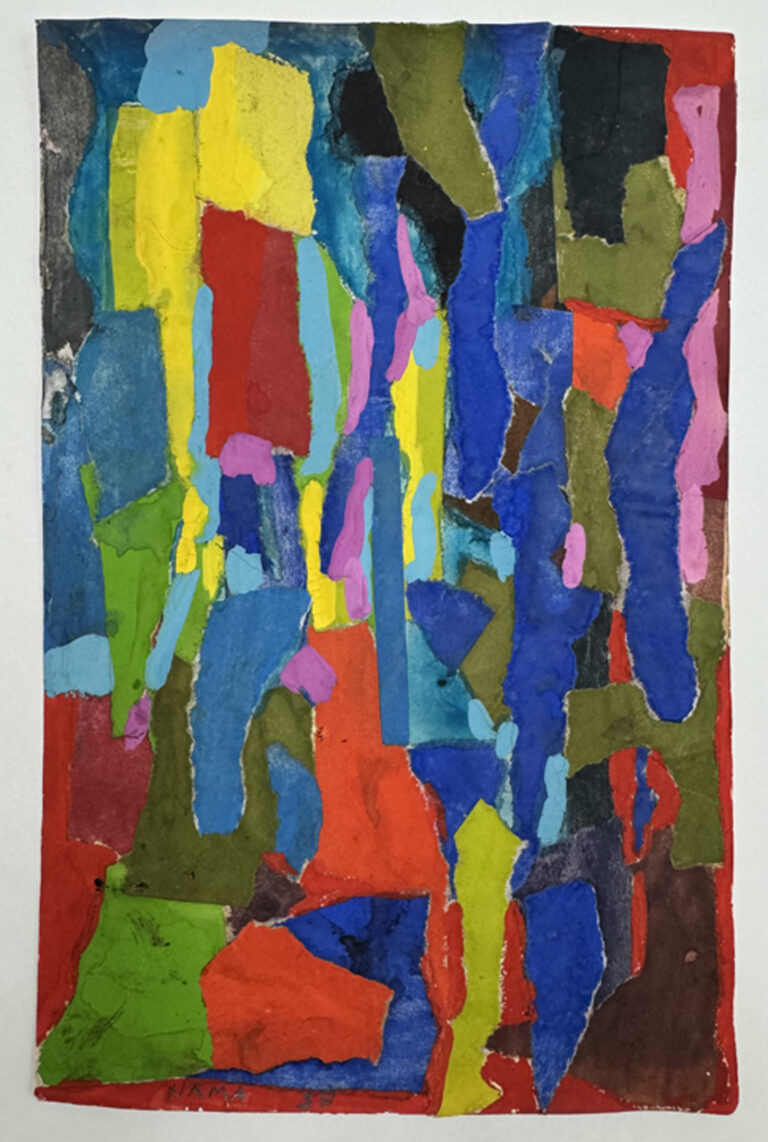 George Nama, (b. 1939)
Untitled, 1958-1959 
8 1/8 x 5 1/4 inches
Casein Paint and Collage on Paper
Original
Signed and Dated Bottom Left and on Verso
JRFA #11603