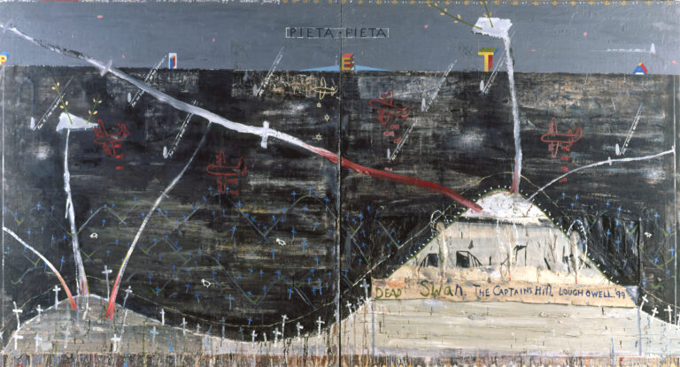 Patrick Graham, Dead Swan/Captain's Hill, 1998-99, Oil and Mixed Media on Canvas Diptych, 72 x 132 inches, JRFA #8169﻿