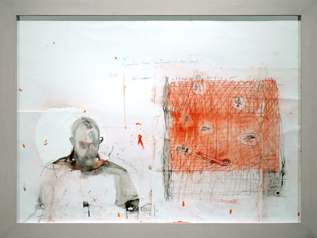 A mixed media drawing by Patrick Graham with a pale watercolor figure on the left in muted tones. On the right, orange and red crosshatching fills a table decorated with small, childlike sketches of vessels, hills, birds, flowers, and ribbons